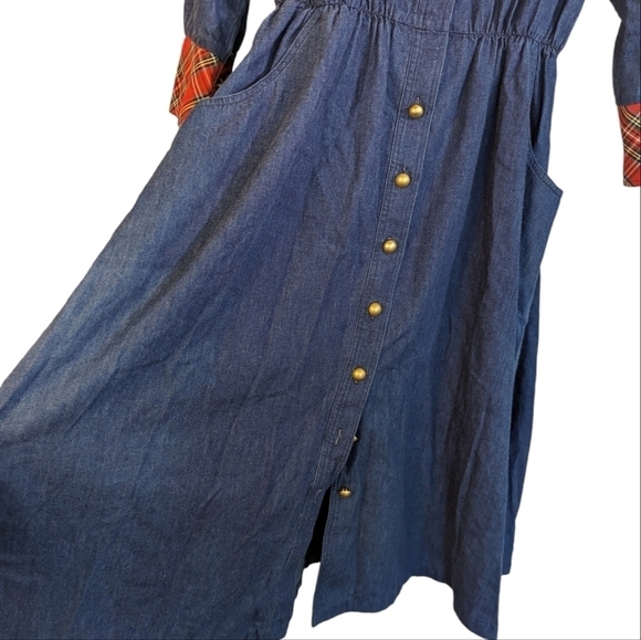 Vintage Sabino 80s Western Cotton Chambray Button Up Midi Plaid Shirt Dress 8 - Picture 13 of 14